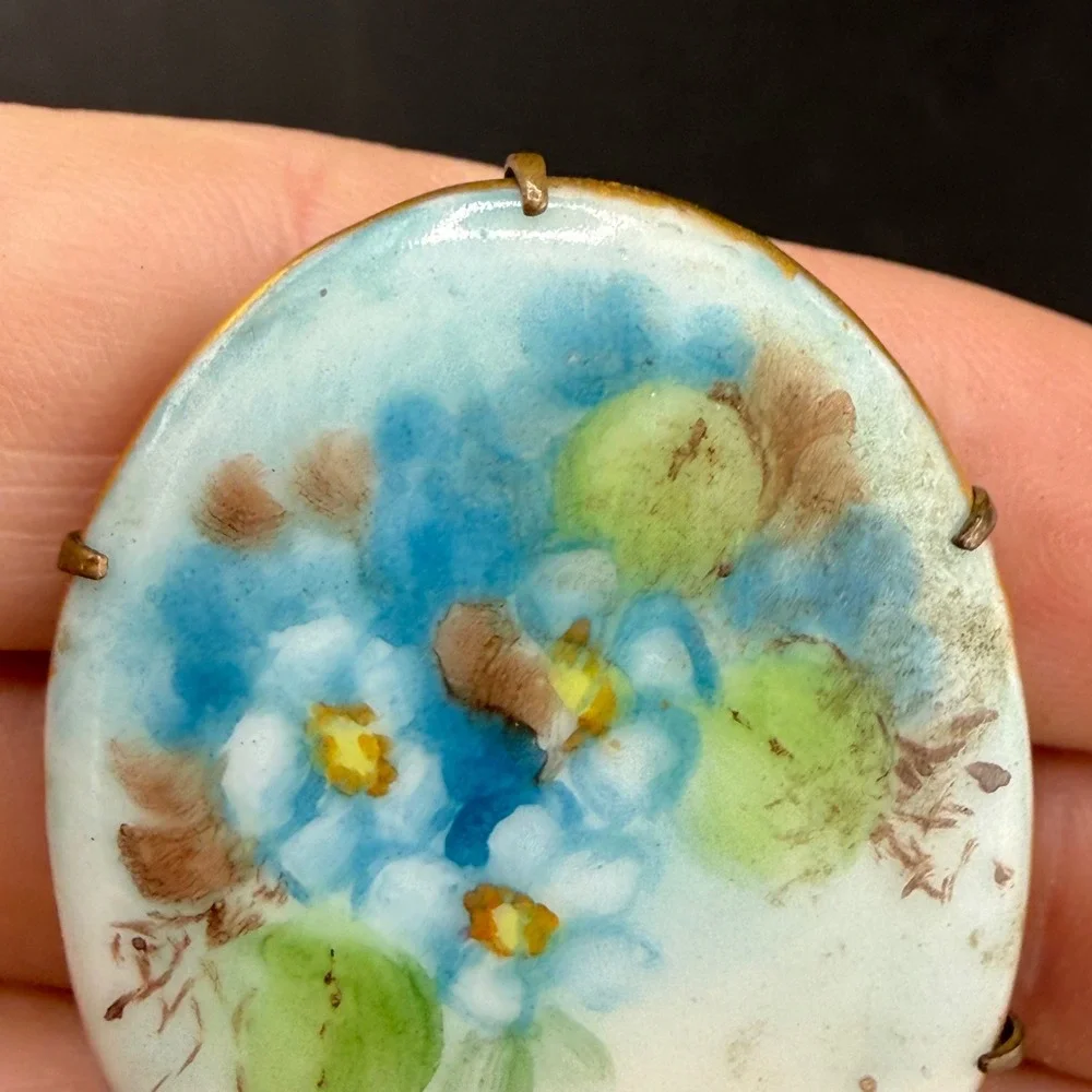 Vintage Victorian Hand Painted Floral Brooch Blue Enamel Oval Brass Tone